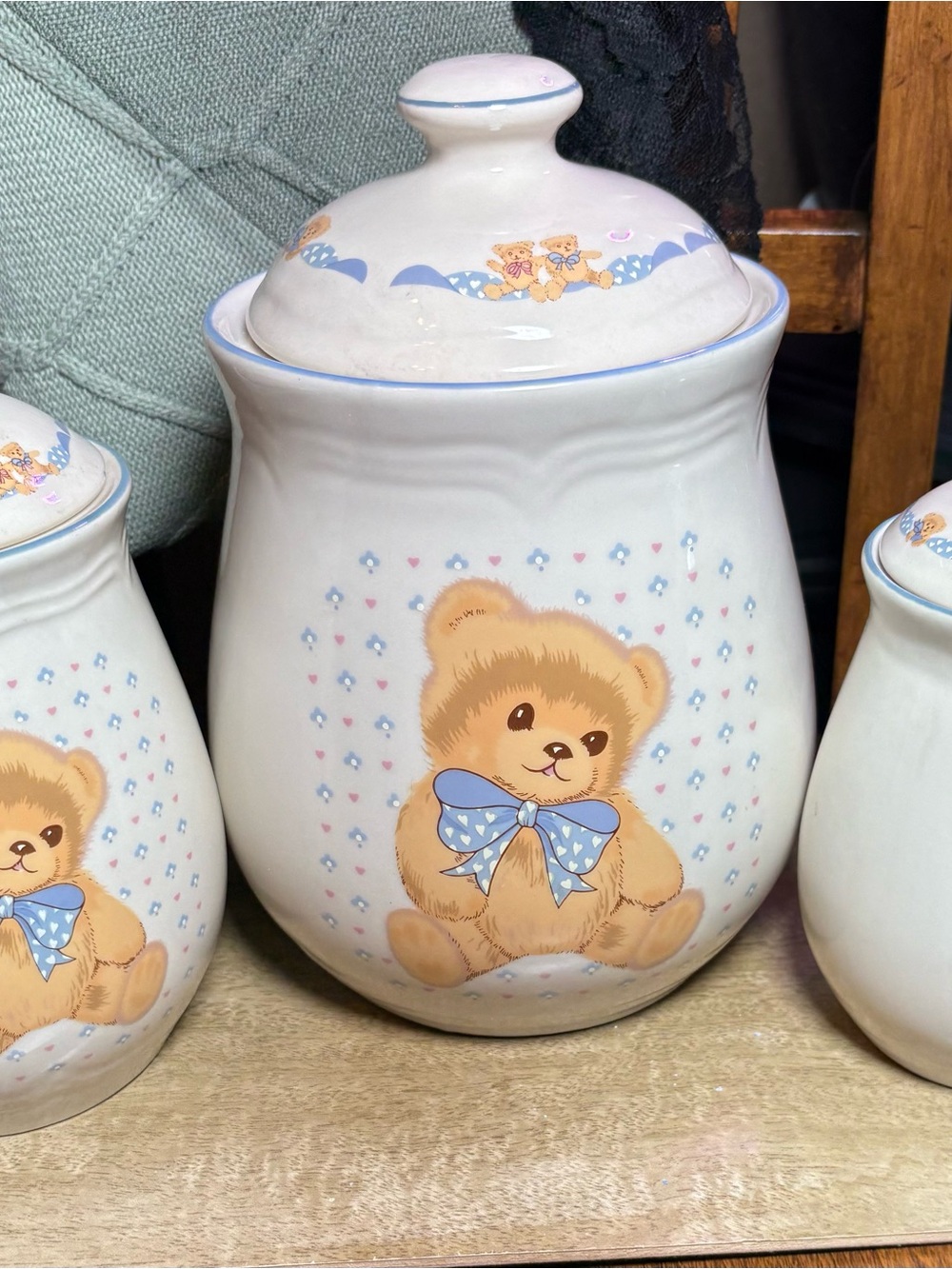 Source Unknown Beige Teddy Bear Canister with Blue Bow